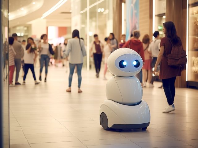 Little service android robot with wheels at a crowded shopping mall center, created with generative AI.