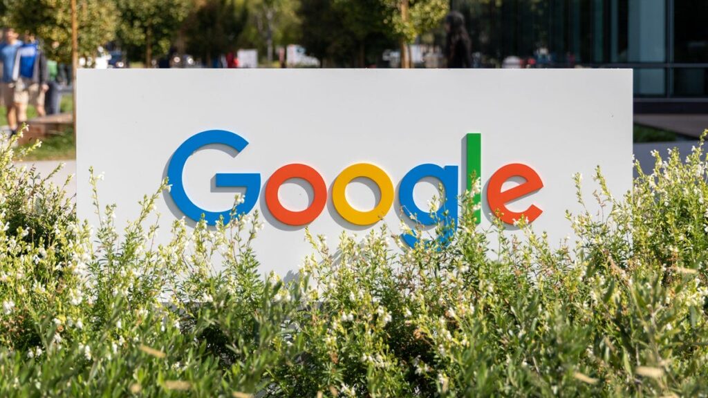 Google sign amid vegetation at the company&apos;s Mountain View, California, headquarters